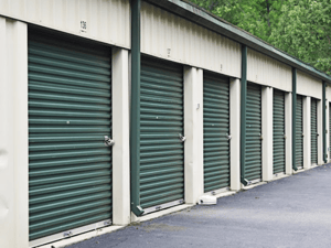 Outside storage facility with green doors